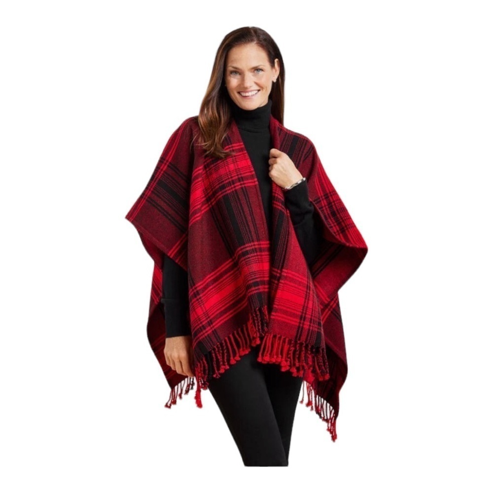 Talbots Reversible Woven Fringe Ruana Wrap Red Pop Plaid 44" x 55"